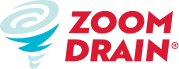 Zoom Drain logo with a blue whirlpool graphic to the left of the company name in bold red letters.